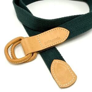 Vintage 90s Patagonia Belt L 28-32 Double D Ring Leather Tab Green Cotton Web